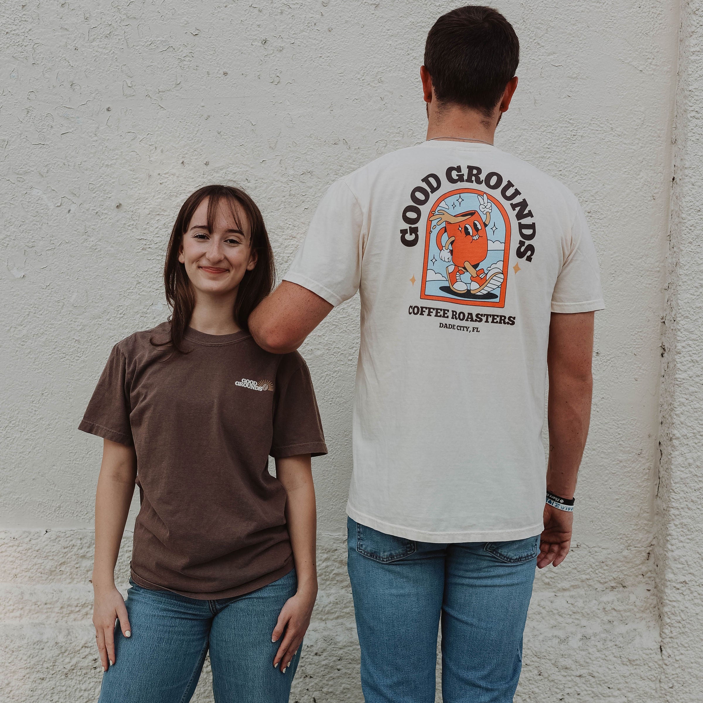 Good Grounds Coffee Roasters Dade City Florida Land'o'lakes lutz Wesley Chapel. Tee Front and back worn by guy and girl